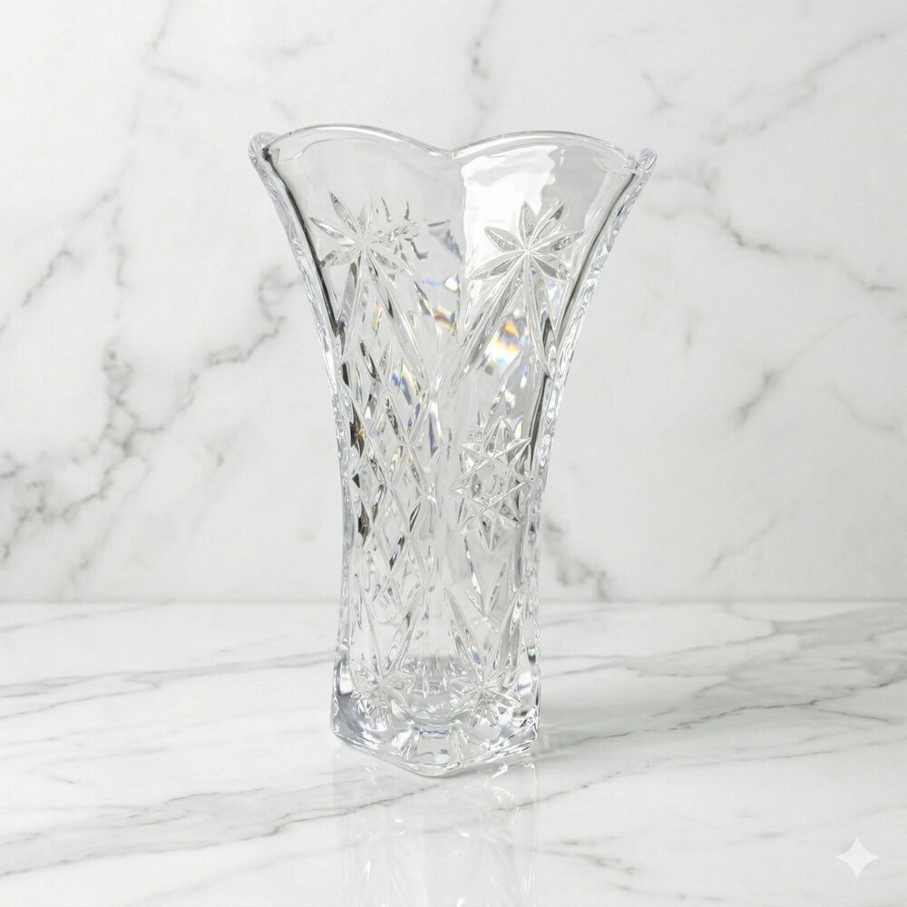 Vintage Heavy Cut Crystal Trumpet Vase Hexagon Starburst Base Scalloped Rim